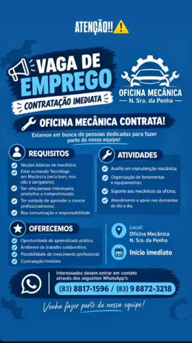 Vaga de emprego, oficina mecânica