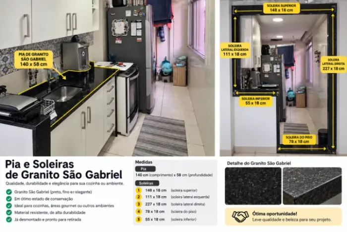 Pia Granito São Gabriel 1,40m com Cuba Inox + 7 soleiras