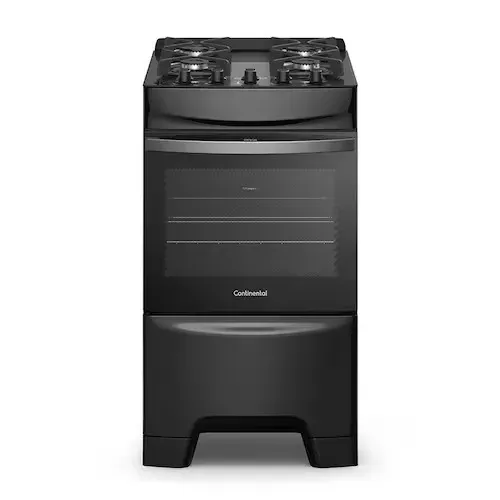 Fogão Continental 4 Bocas FC4GB Preto Mesa de Vidro Forno Eco Turbo Grades de Ferro Fundid