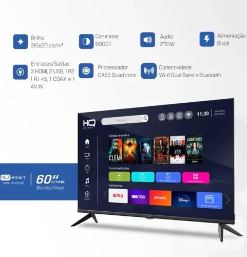 Smart TV HQ 60" UHD 4K, HDR Android 11,Slim, Processador Quad Core, HQSTV60NK