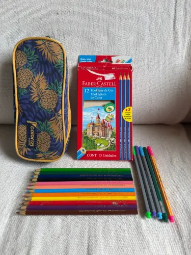Kit lápis de cor Faber castell + estojo e canetinhas