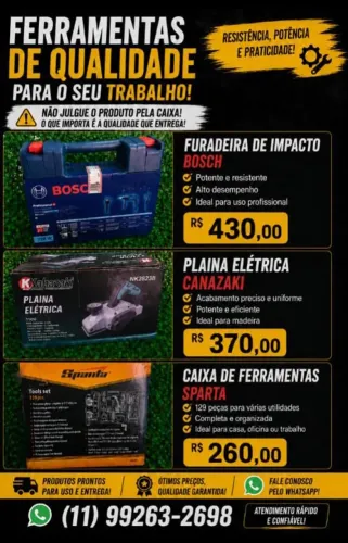Furadeira de impacto BOSCH, Plaina Elétrica CANAZAKI, Caixa de Ferramenta Sparta