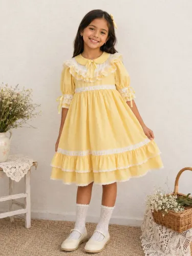 vestido xadrez estilo prairie / festa junina infantil amarelo