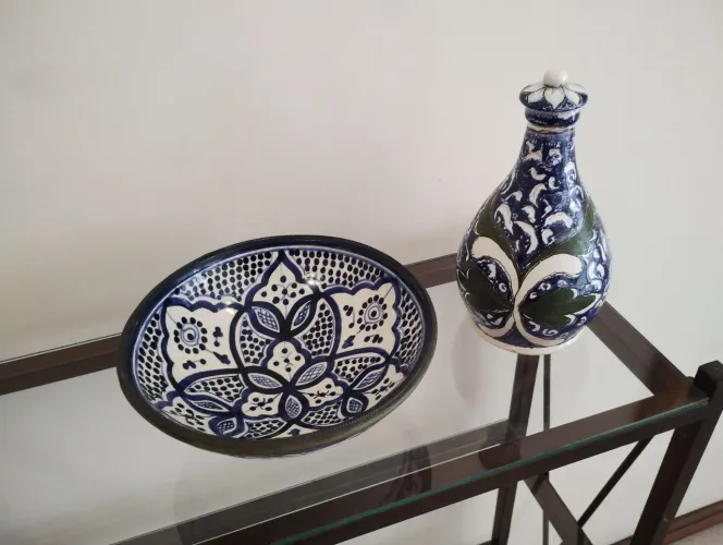 VASO E GARRAFA CERÂMICA DECORATIVA PINTADOS A MÃO