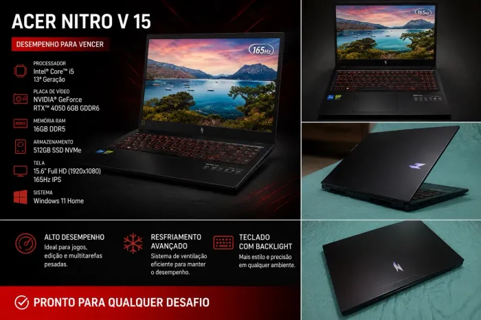 Notebook Gamer Acer Nitro Intel® Core? i5-13420H de 13ªGen 32 GB RAM RTX 4050 512 gb