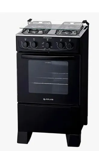 Fogão 4 Bocas Atlas Coliseum Plus na cor preta, com acendimento manual e mesa de inox.