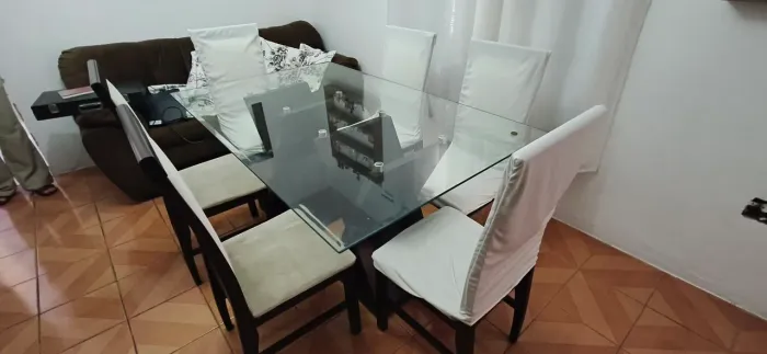 Mesa de madeira tampo de vidro 160x100, 6 cadeira