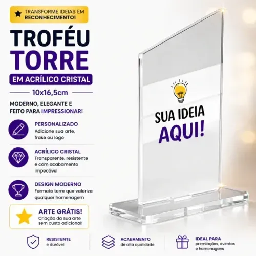 Troféu Personalizado em Acrílico Cristal Torre 10x16,5cm