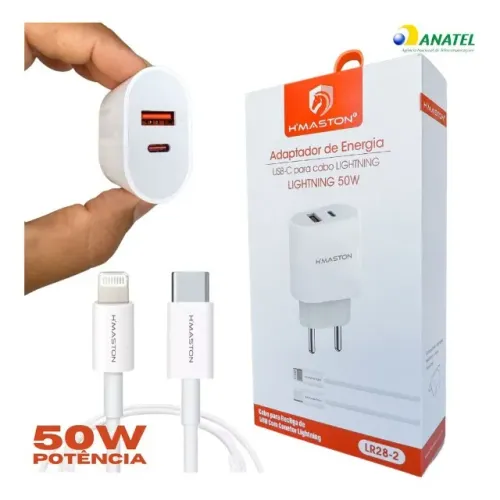 Carregador Turbo para Celular 50W Portas USB-A e USB-C + Cabo Lightning -H'maston -Coimbra