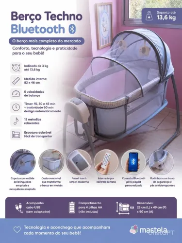 Berço Mastela Techno Bluetooth até 13kg - Balança sozinho e toca música