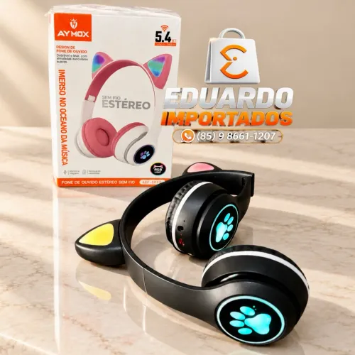 Fone de Ouvido Bluetooth Orelha de Gatinho LED RGB Sem Fio Estéreo, Dobrável Headphone