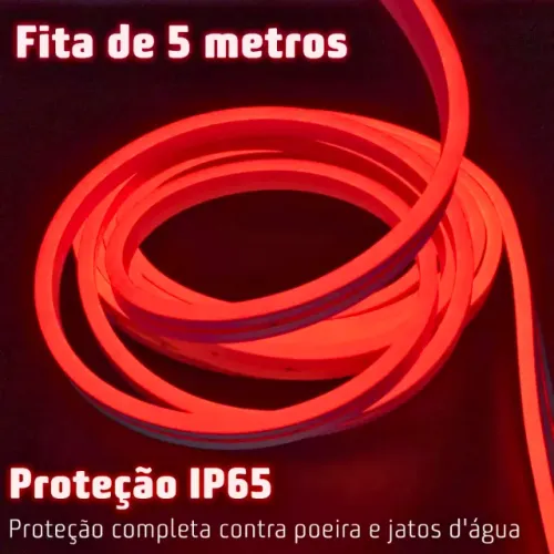 Mangueira Fita LED Neon 5m com Fonte 5A Luz Vermelha Alto Brilho Corte 2,5cm - SCS11