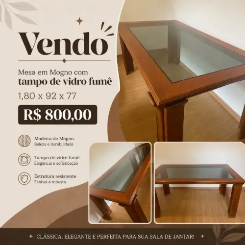 MESA DE JANTAR MOGNO COM TAMPO EM VIDRO