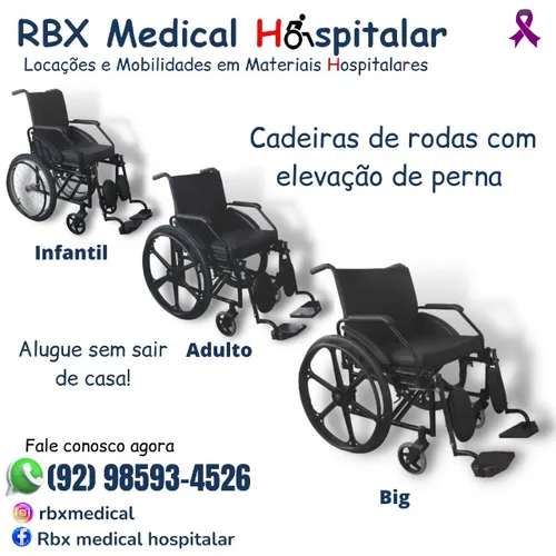 Aluguel cadeira de roda adulto, infantil e big com panturrilha-elevação de perna- Locação.