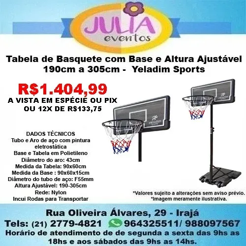 Tabela de Basquete com Base e Altura 190 A 305 Ajustável Yeladim Sports