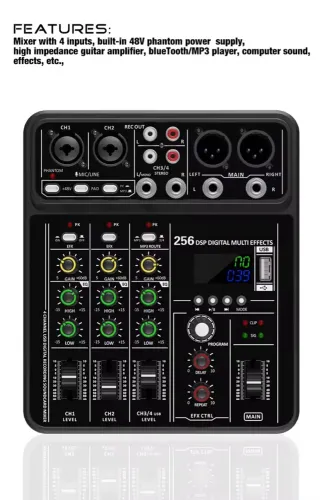 Mesa de Som 4 Canais 256 Efeitos USB Bluetooth