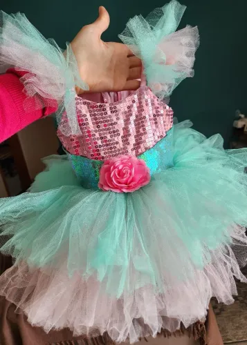 Vestido de Festa Infantil - Princesa - Rosa e Verde - Tamanho 2