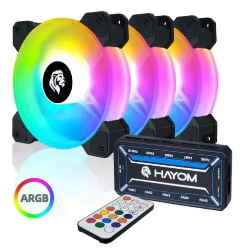 Kit 3 Fan Gamer ARGB Led HAYOM 120mm, Led ARGB 12v. 6 Pinos com Controladora e Controle