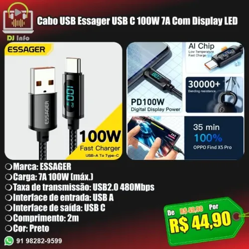 Cabo USB Essager USB C 100W 7A Com Display LED