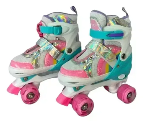 2 Pares De Patins Quad Rosa Arco-íris:retrô E Rodinhas De Led!