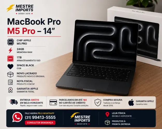 MacBook Pro M5 Pro 14 polegadas 24GB RAM 1TB SSD Space Black - Novo - Nota Fiscal