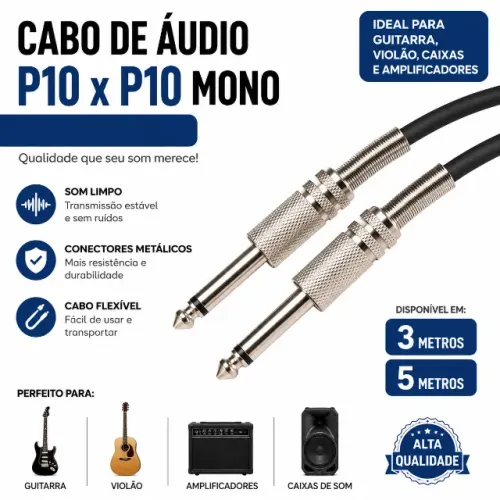 Cabo De Áudio P10 x P10 Mono Metal 3 ou 5 Metros Guitarra e Violão