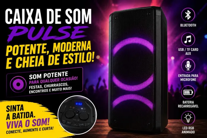 Caixa de Som Bluetooth Pulse Party Speaker LED RGB - Som Potente
