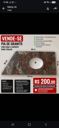 Pia de Granito Natural com Cuba e Suporte para Toalha - Design Funcional e Elegante