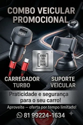 Combo Veicular 2 em 1: Carregador Turbo + Suporte Celular para Carro (Pronta Entrega)