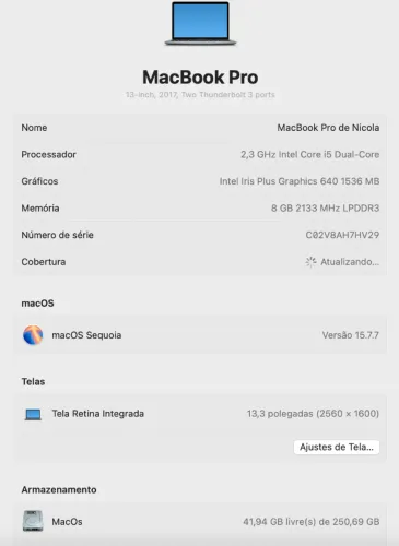 Apple Macbook Pro A1708 (mid 2017) Prata 13.3 I5 8gb (Usado)