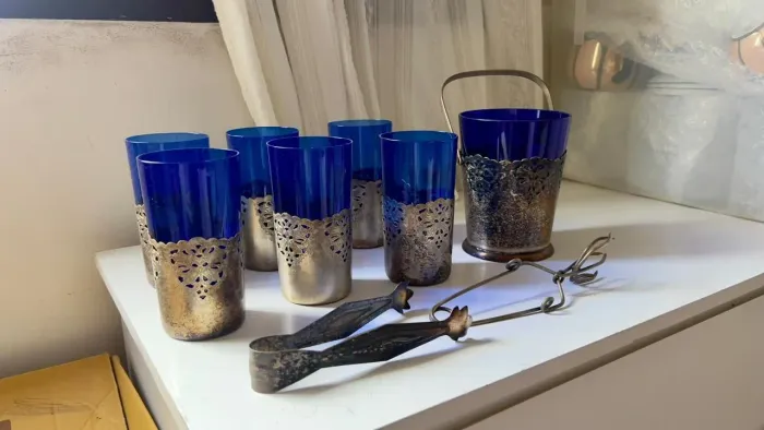 Conjunto de Refresco Vintage Aurea - Prata 90 e Vidro Azul Cobalto (8 Peças)
