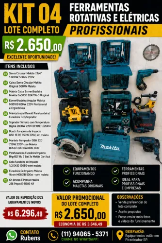KIT PROFISSIONAL MAKITA + BOSCH + DEWALT | 12 FERRAMENTAS R$ 2.650,00