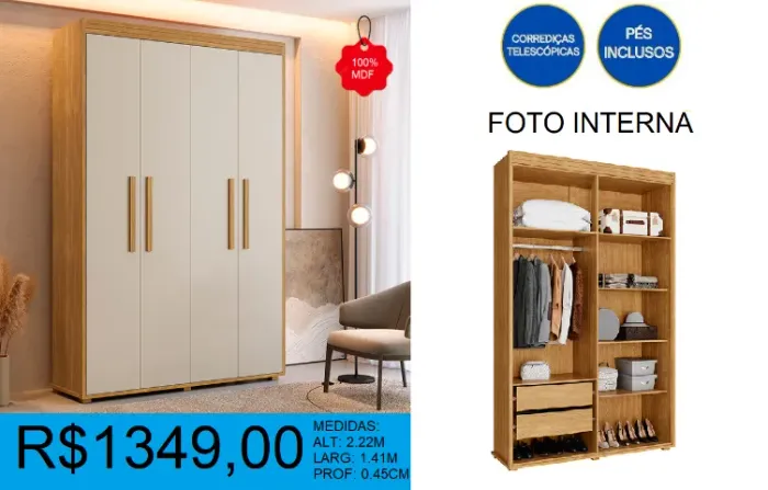 Guarda roupa 4 portas 100% mdf - entrega e montagem gratuita 