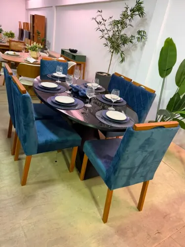 Conjunto Mesa oval tampo de vidro preto 1,80x0,90 tecido veludo