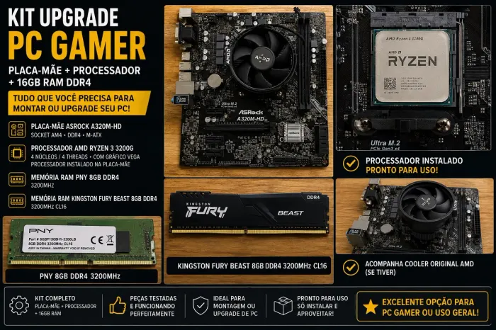 Kit PC Gamer Ryzen 3 3200G + A320M-HD + 16 GB RAM.