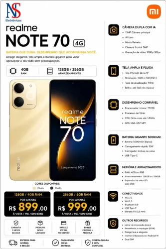 Realme Note 70 256GB 8GB RAM Gold Versão Global, 256GB, Dourado Preto Entregamos Gratis