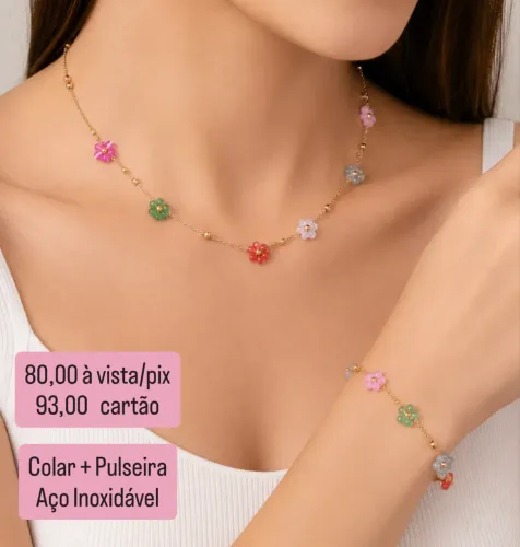 Colar com Pulseira em Flores - Aço