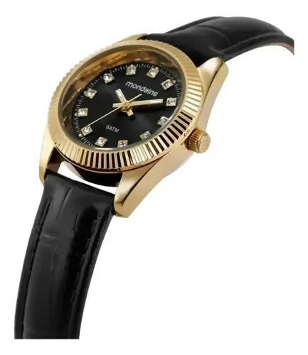 Relogio Mondaine Feminino Dourado Preto Riviera pulseira couro