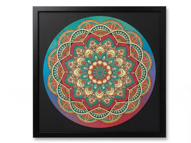 Quadro Decorativo Mandala Circular ? Moldura Preta 58x58cm