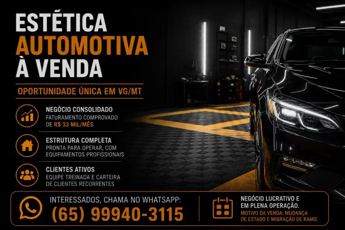 ESTÉTICA AUTOMOTIVA À VENDA ? OPORTUNIDADE ÚNICA EM VG/MT