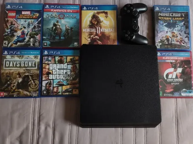 PS4 Slim 1TB com Caixa Original + God of War, GTA V, MK11 e Mais (Controle original junto)