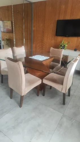 Mesa de Jantar/Copa Moderna 6 Lugares - Vidro e Madeira