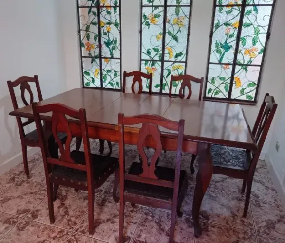 Mesa De Jantar Antiga Provençal Em Madeira Maciça 6 Cadeiras