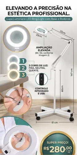 Lupa luminária led com base e rodízios