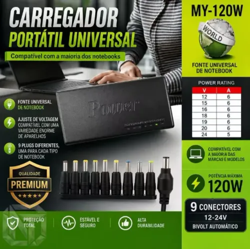 Fonte de Alimentação Universal 120W Compatível com Diversos Notebooks com 10 Adaptadores