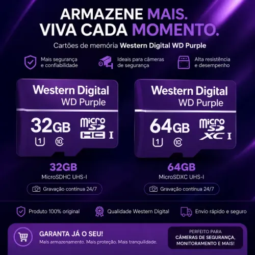 Cartão de Memória WD Purple MicroSD 32GB e 64GB Original para Câmeras de Segurança
