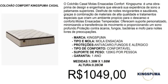 COLCHÃO - COMFORT - CASAL - MOLAS - COMPRE HOJE E RECEBA EM ATÉ 72 HORAS