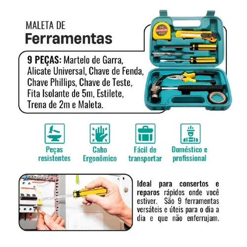Maleta ferramentas 9 peças para reparos gerais