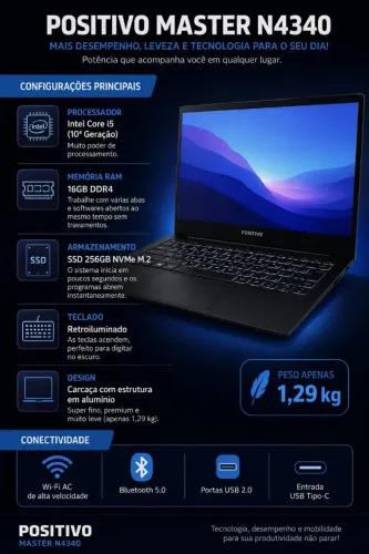 Notebook Positivo I5 10 Geração, 16GB de RAM, SSD NVME M.2