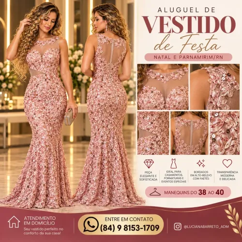 ALUGUEL DE VESTIDO LONGO ROSA SECO - BORDADO COM PAETÊS | MODELO SEREIA